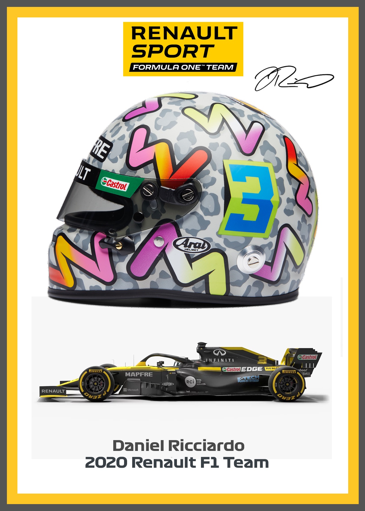 Daniel Ricciardo 2020 Signed limited-edition F1 helmet prints – A3 satin finish artworks
